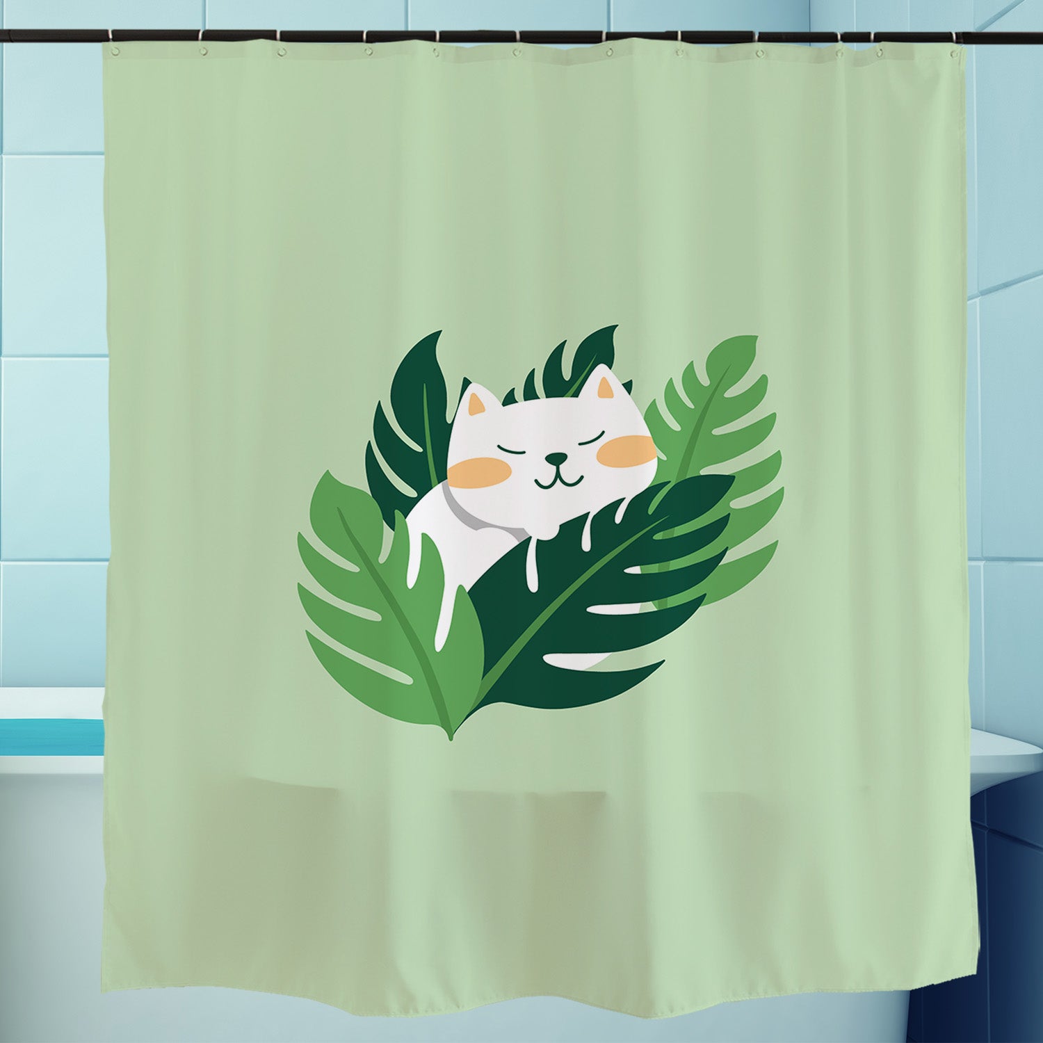 Feblilac Monstera Cat Shower Curtain with Hooks