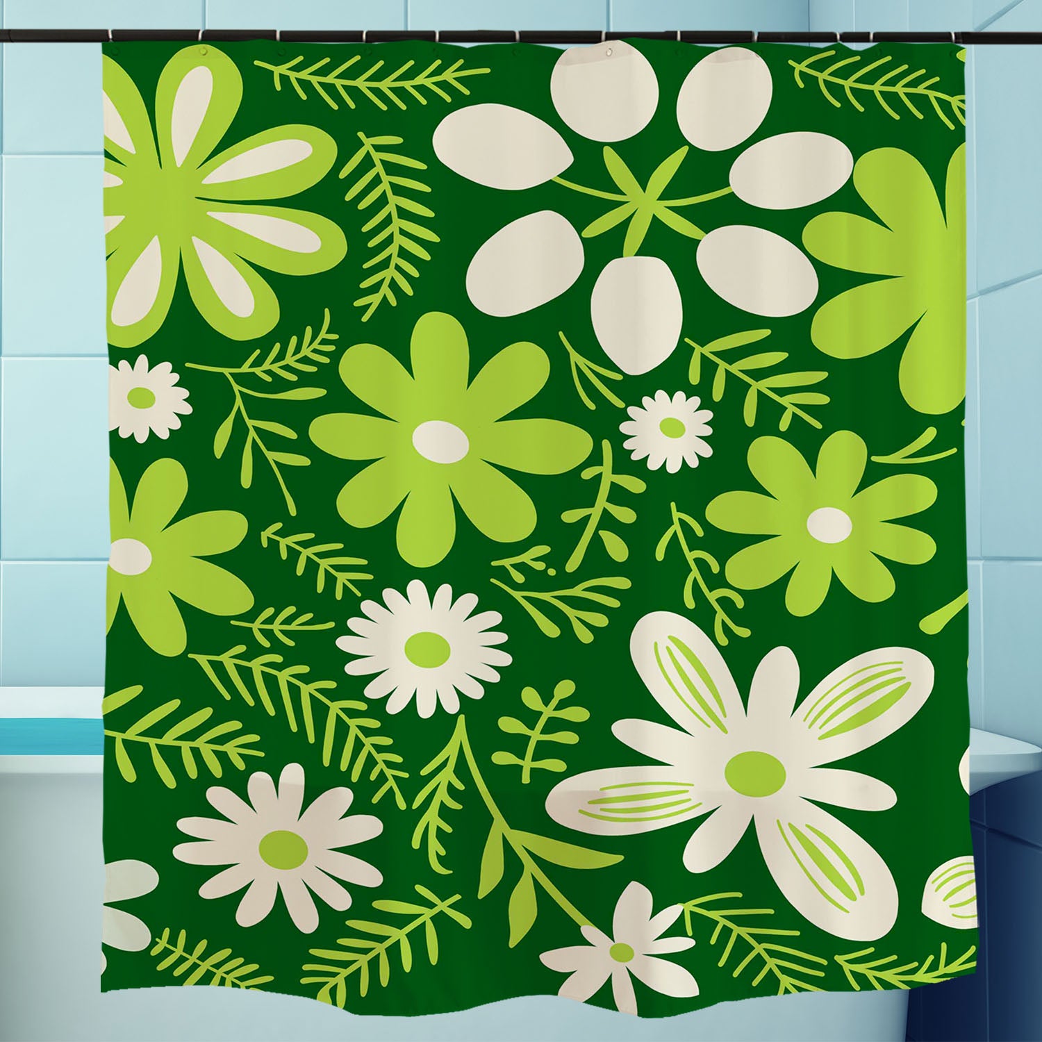 Feblilac Green Flowers Shower Curtain with Hooks
