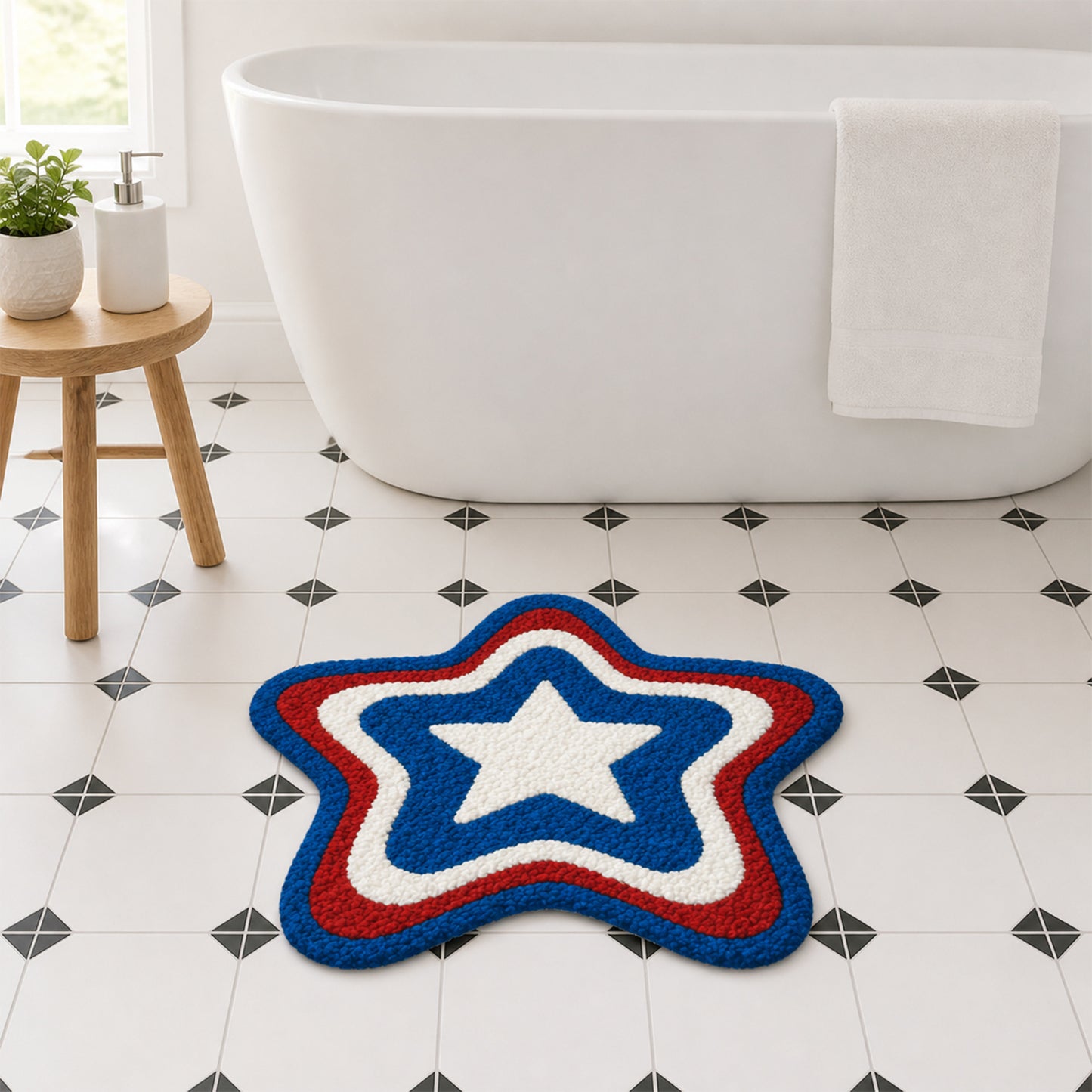 Feblilac Patriotic Star Tufted Bath Mat – Red White Blue Soft Bathroom Rug