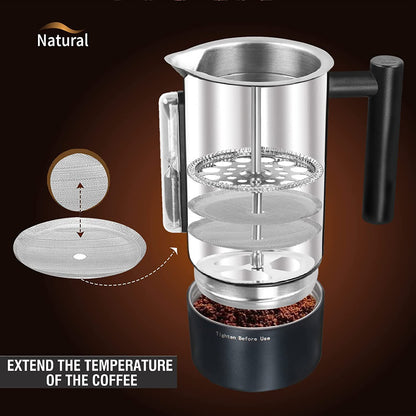 Feblilac Double Layer French Press Stainless Steel Coffee Maker with Hourglass and Thermometer