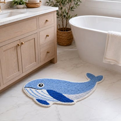 Feblilac Blue Whale Tufted Bath Mat, Ocean Animal Rug, Cute Whale Bathroom Rug