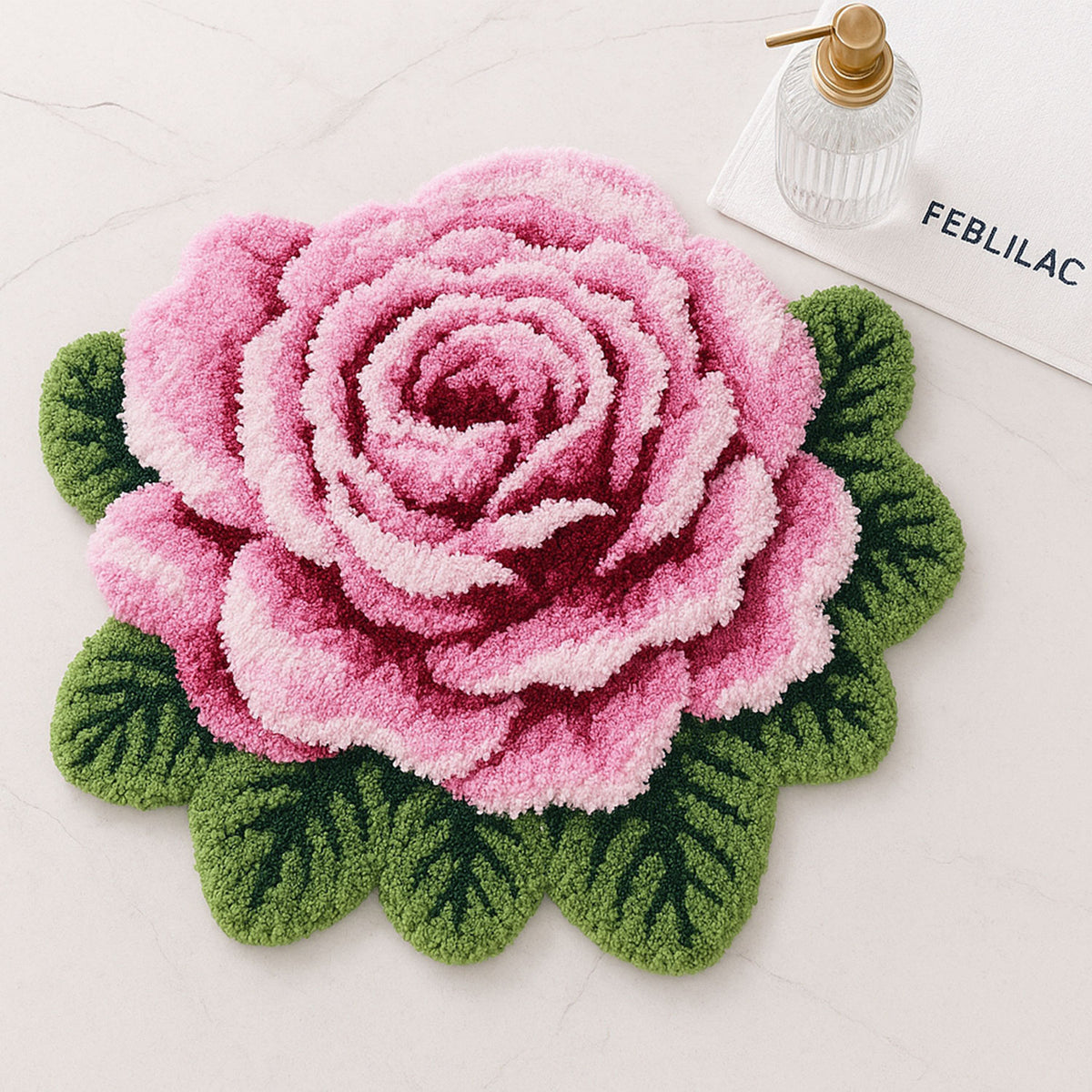 Feblilac Single Flower tufted bath mat in a minimal bathroom with marble tile