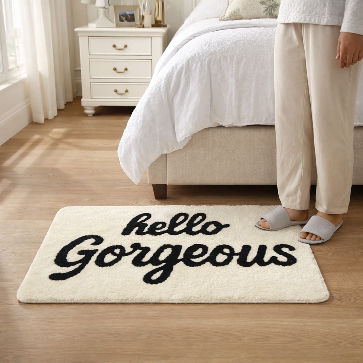 Feblilac Hello Gorgeous White Ground Bath Mat, Black and White Mat for Bedroom Living Room Balcony