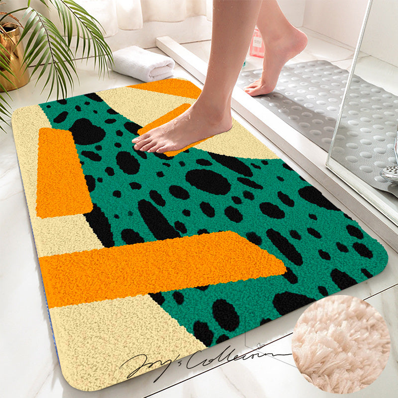 Feblilac Flowing Stain and Square Geometric Tufted Bath Mat