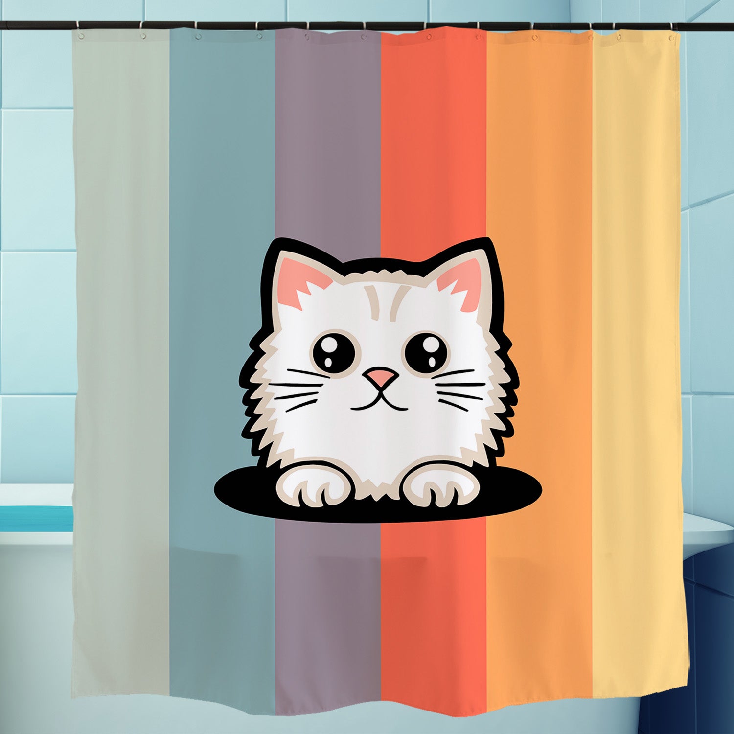 Feblilac Rainbow Cat Shower Curtain with Hooks