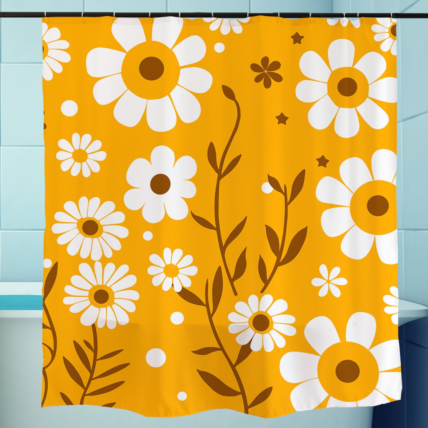 Feblilac Yellow Background White Flower Daisy Shower Curtain with Hooks