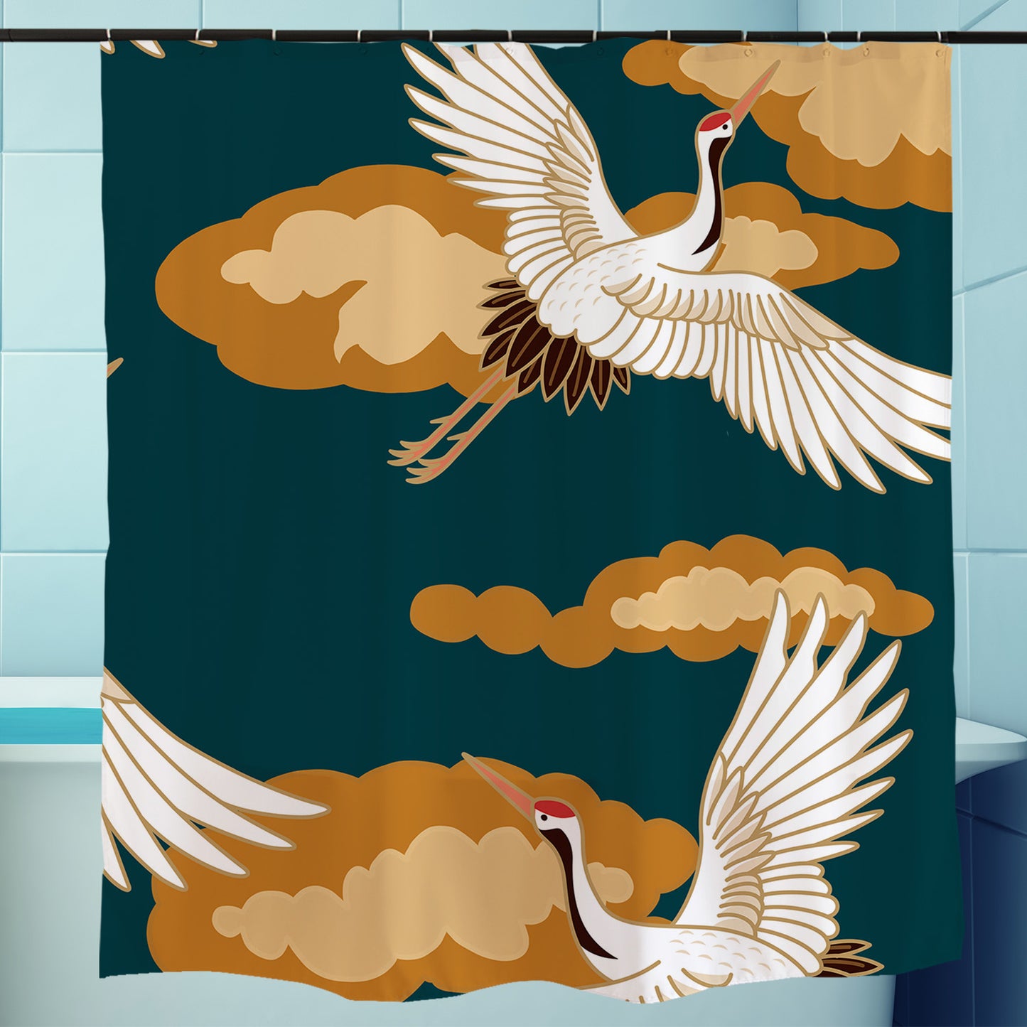 Feblilac Blue Background Crane Shower Curtain with Hooks