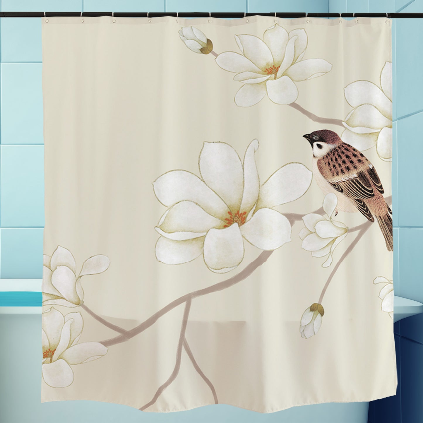 Feblilac Sparrow Magnolia Flower Shower Curtain with Hooks