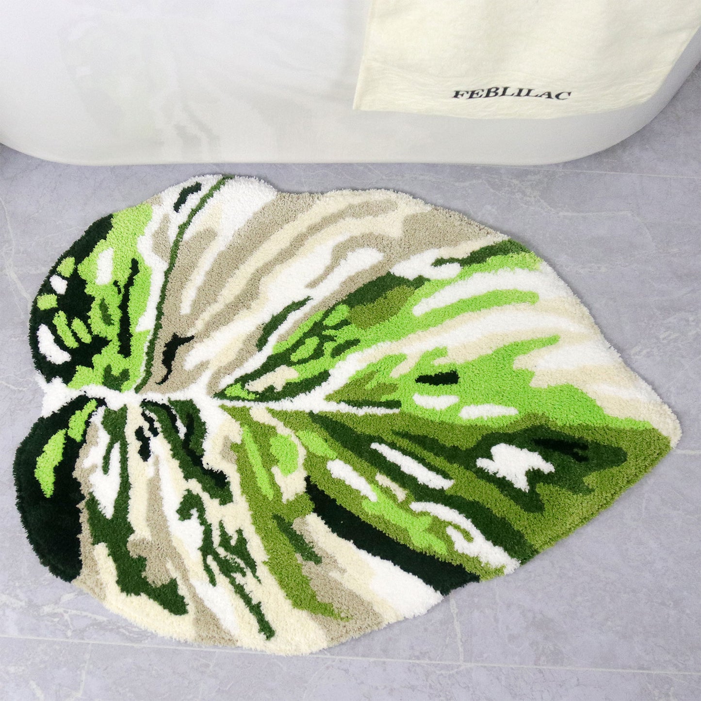 Feblilac Irregular Turquoise Monstera Tufted Bath Mat