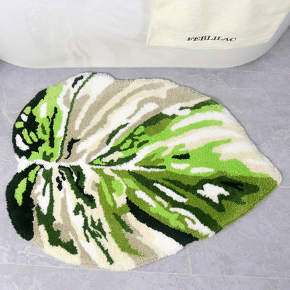 Feblilac Irregular Turquoise Monstera Tufted Bath Mat