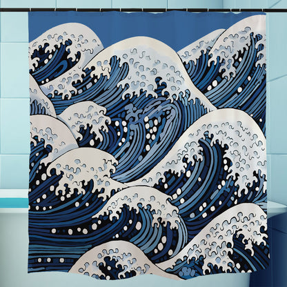 Feblilac Ukiyo-e Wave shower curtain styled in a spa-like bathroom