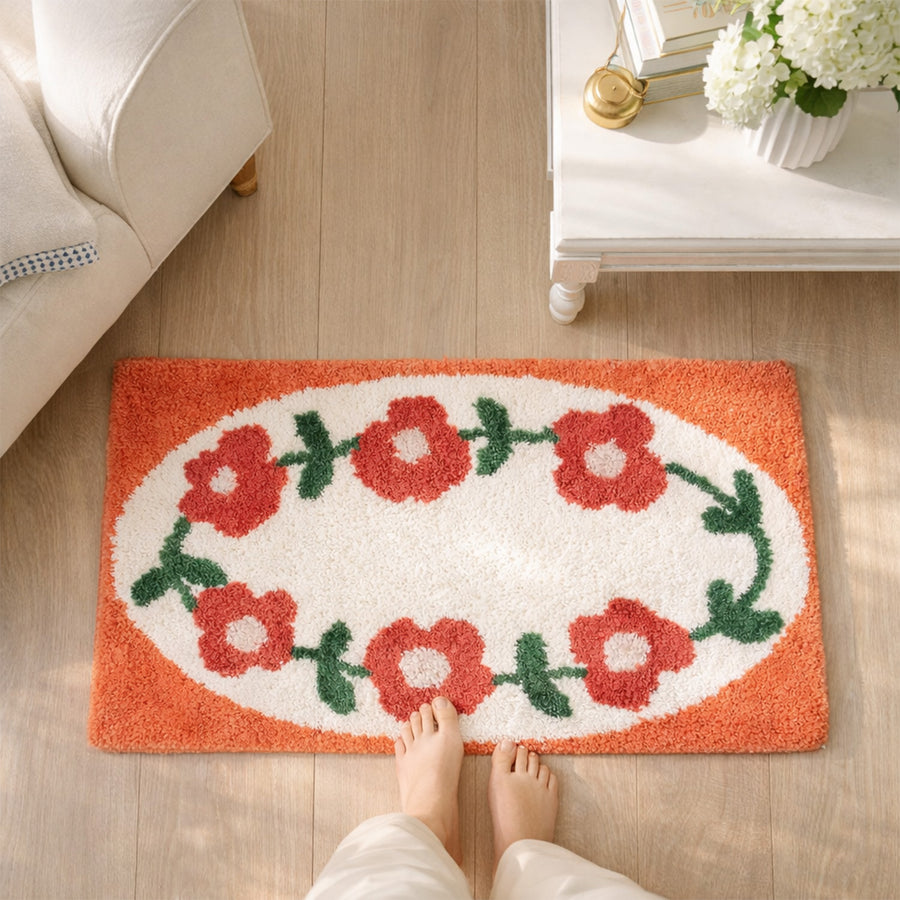 Feblilac Red Floral Wreath Tufted Bath Mat – Oval Design, Soft & Cheerful Bathroom Rug - view 3