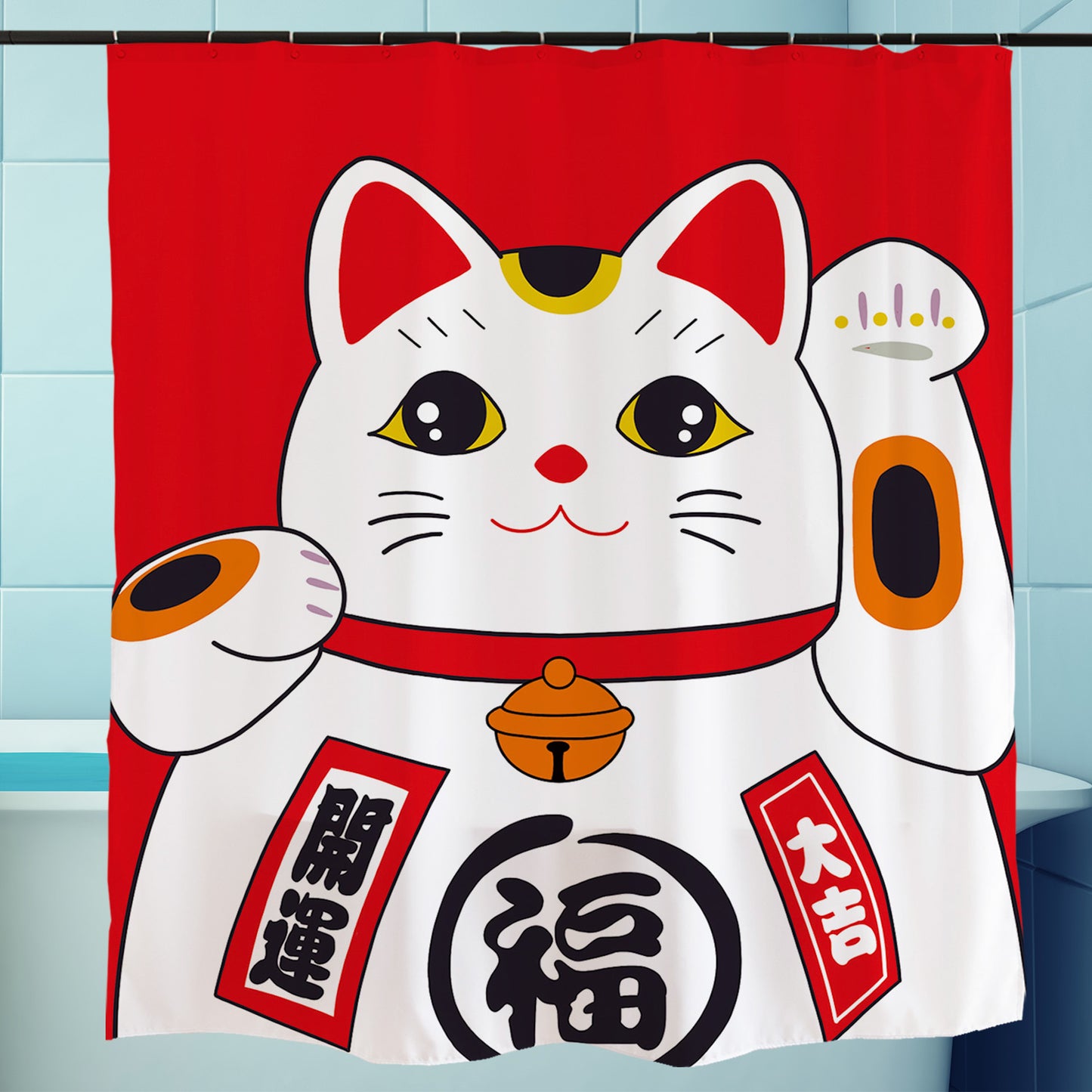 Feblilac Red Lucky Cat Shower Curtain with Hooks