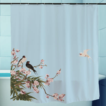 Feblilac Blue Bird Flower Shower Curtain with Hooks