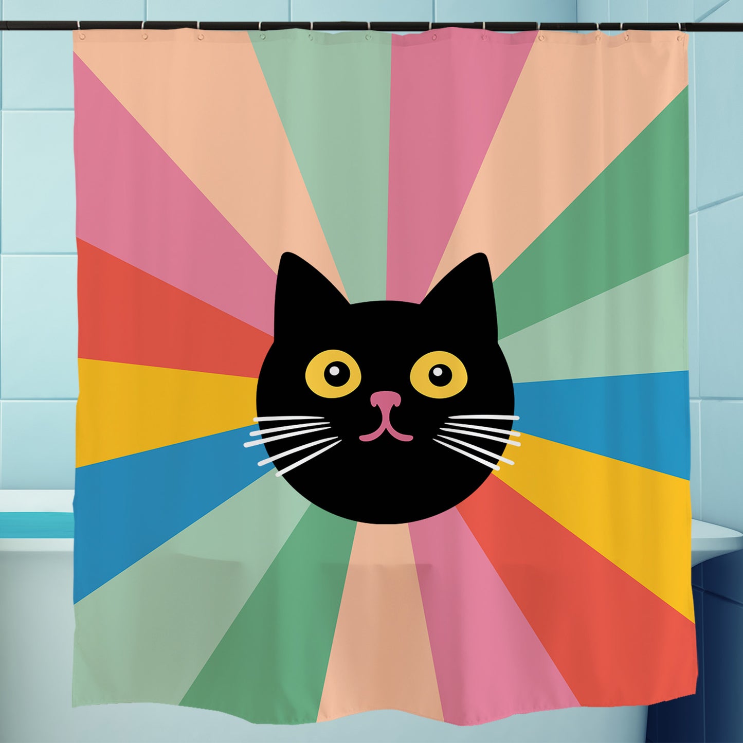 Feblilac Black Cat Colorful Stripes Background Shower Curtain with Hooks