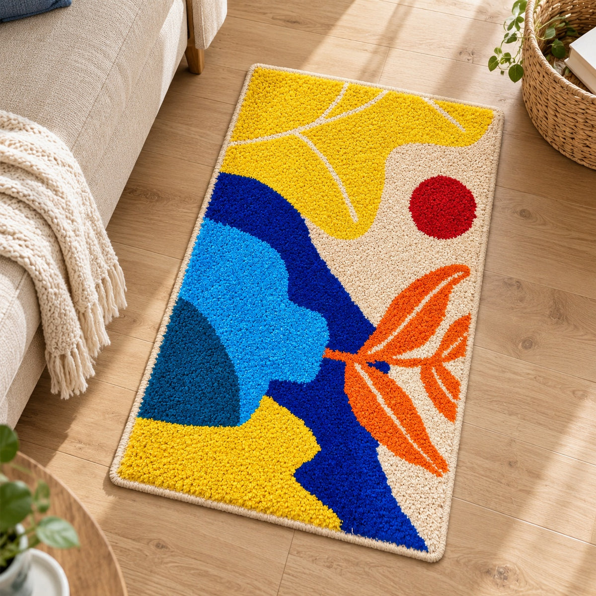 Feblilac Abstract Flower Pots tufted bath mat in a minimal bathroom with marble tile