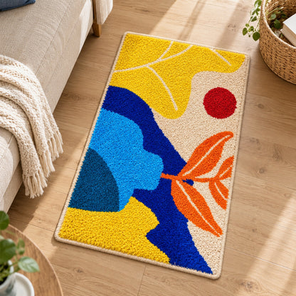 Feblilac Abstract Flower Pots tufted bath mat in a minimal bathroom with marble tile
