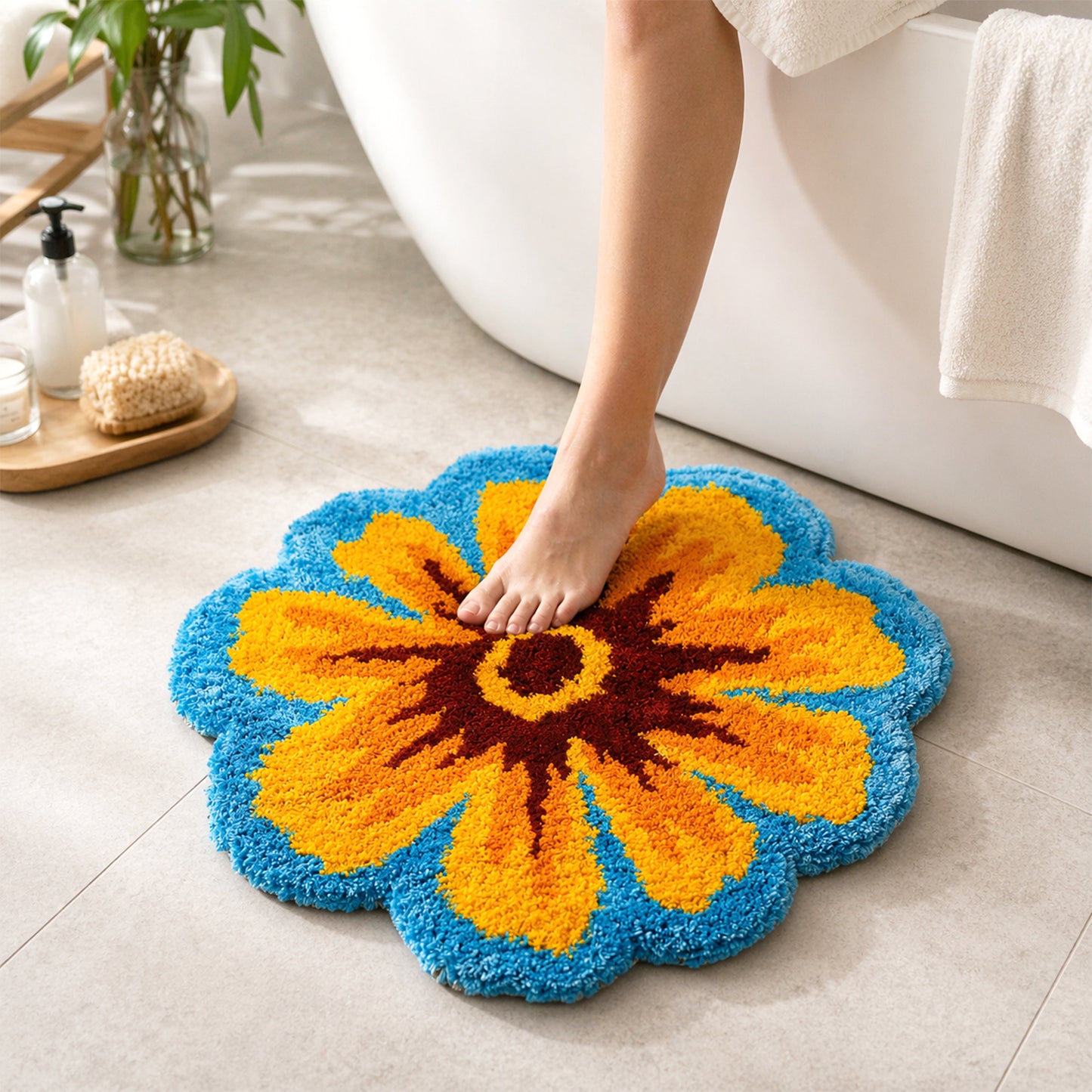 Feblilac Cute Floral Orange Blue Daisy Flower Tufted Bath Mat