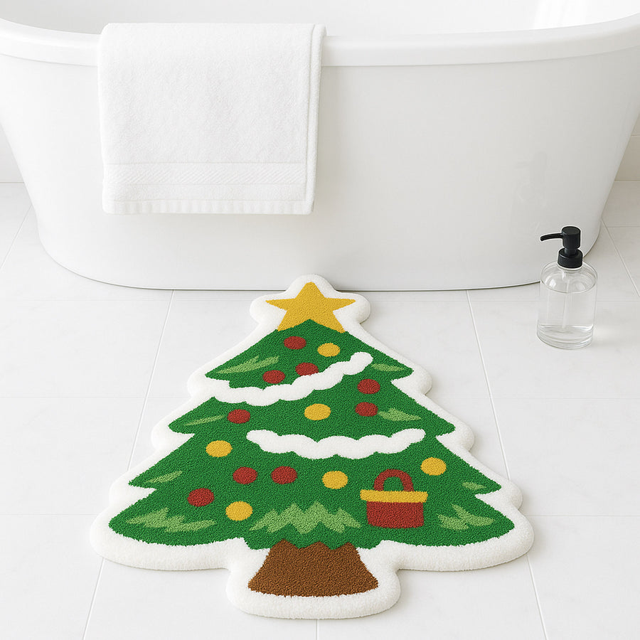 Feblilac Christmas Tree Tufted Bath Mat – Holiday Shaped Rug with Star & Ornaments, Festive Bathroom Decor - view 2