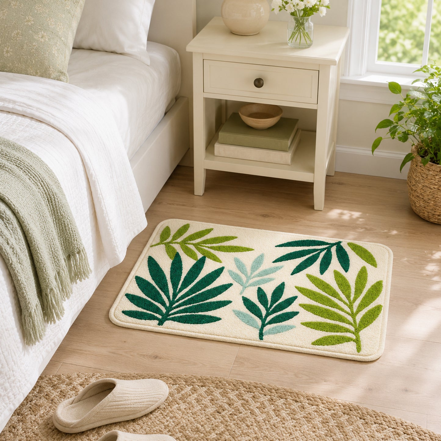 Feblilac Green Leaves Tufted Bath Mat, Soft Botanical Bathroom Rug