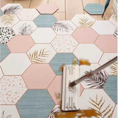 Feblilac Irregular Geometric Hexagon Blue Leaves PVC Leather Door Mat