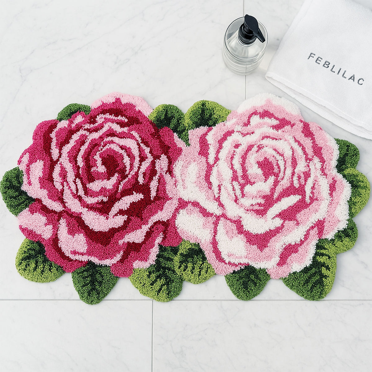 Feblilac Two Flowers tufted bath mat in a minimal bathroom with marble tile