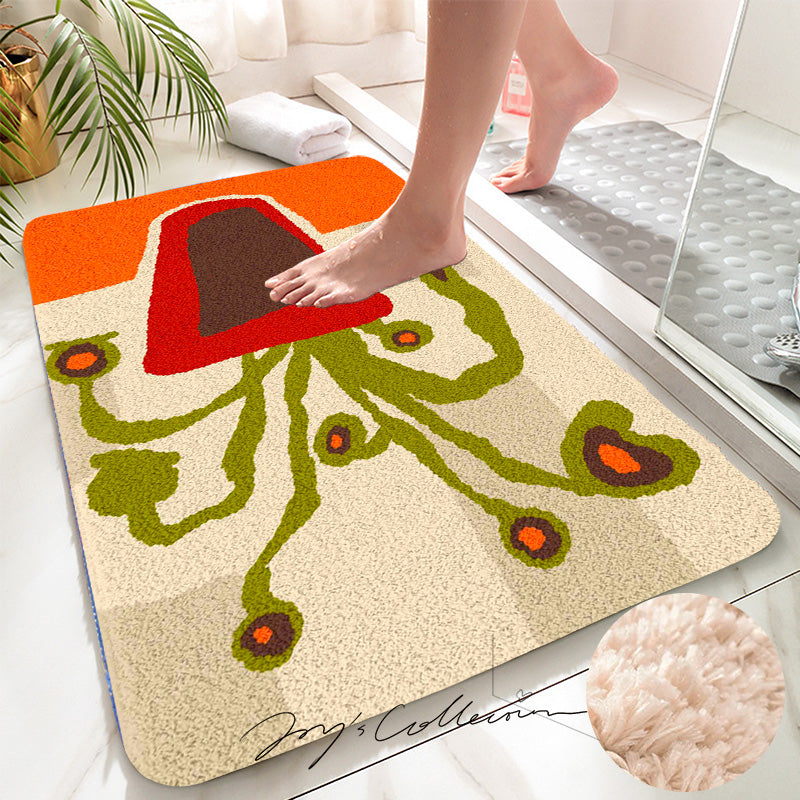 Feblilac Red Vase and Green Plant Tufted Bath Mat