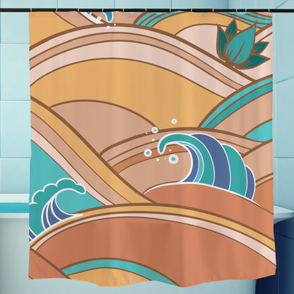 Feblilac Yellow and Blue Japanese Waves Shower Curtain with Hooks