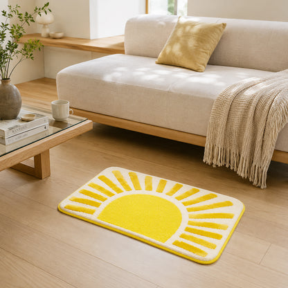 Feblilac Golden Sun tufted bath mat in a minimal bathroom with marble tile