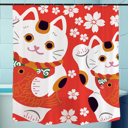 Feblilac Red Background White Sakura Lucky Cat Shower Curtain with Hooks