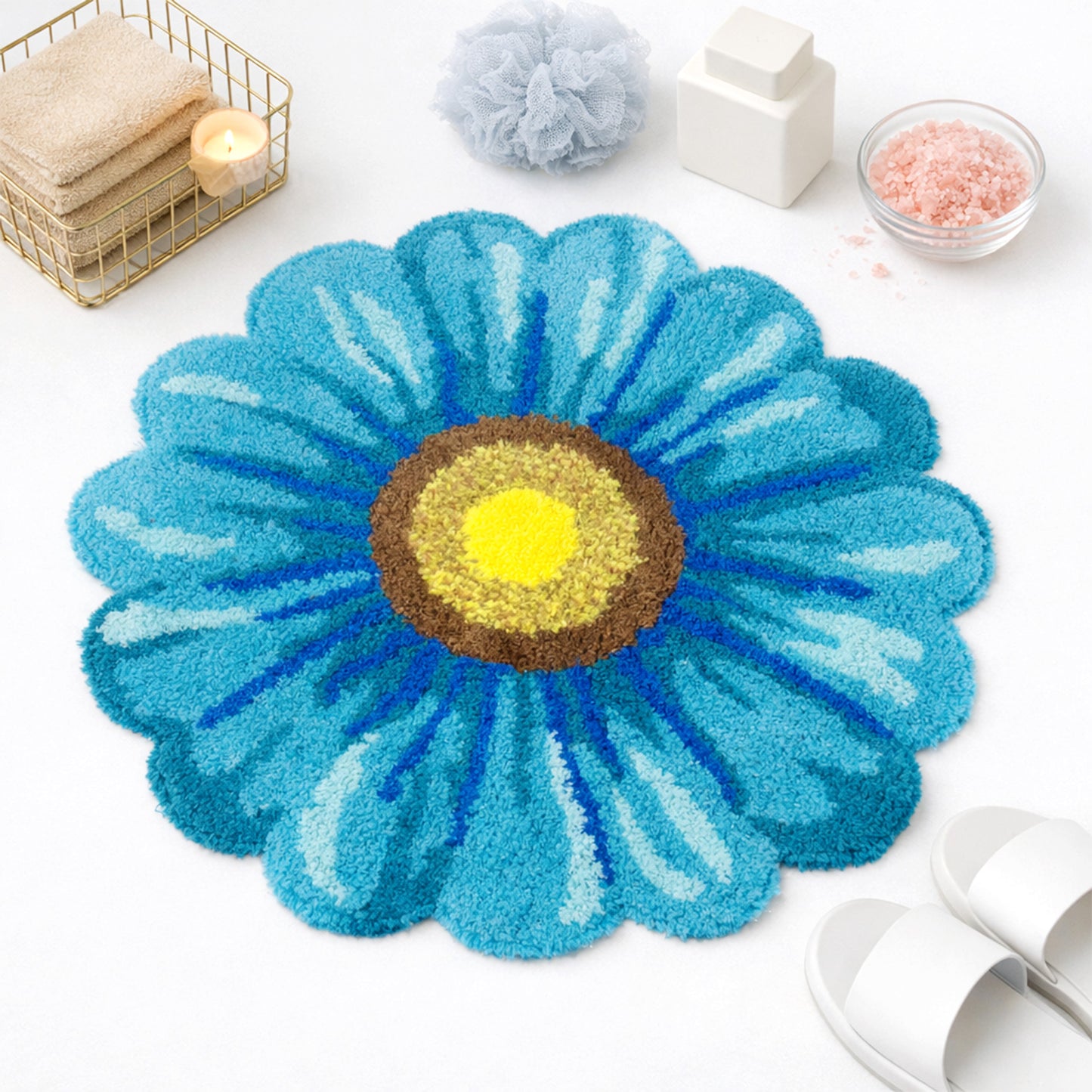 Feblilac Blue Flowers Tufted Bath Mat