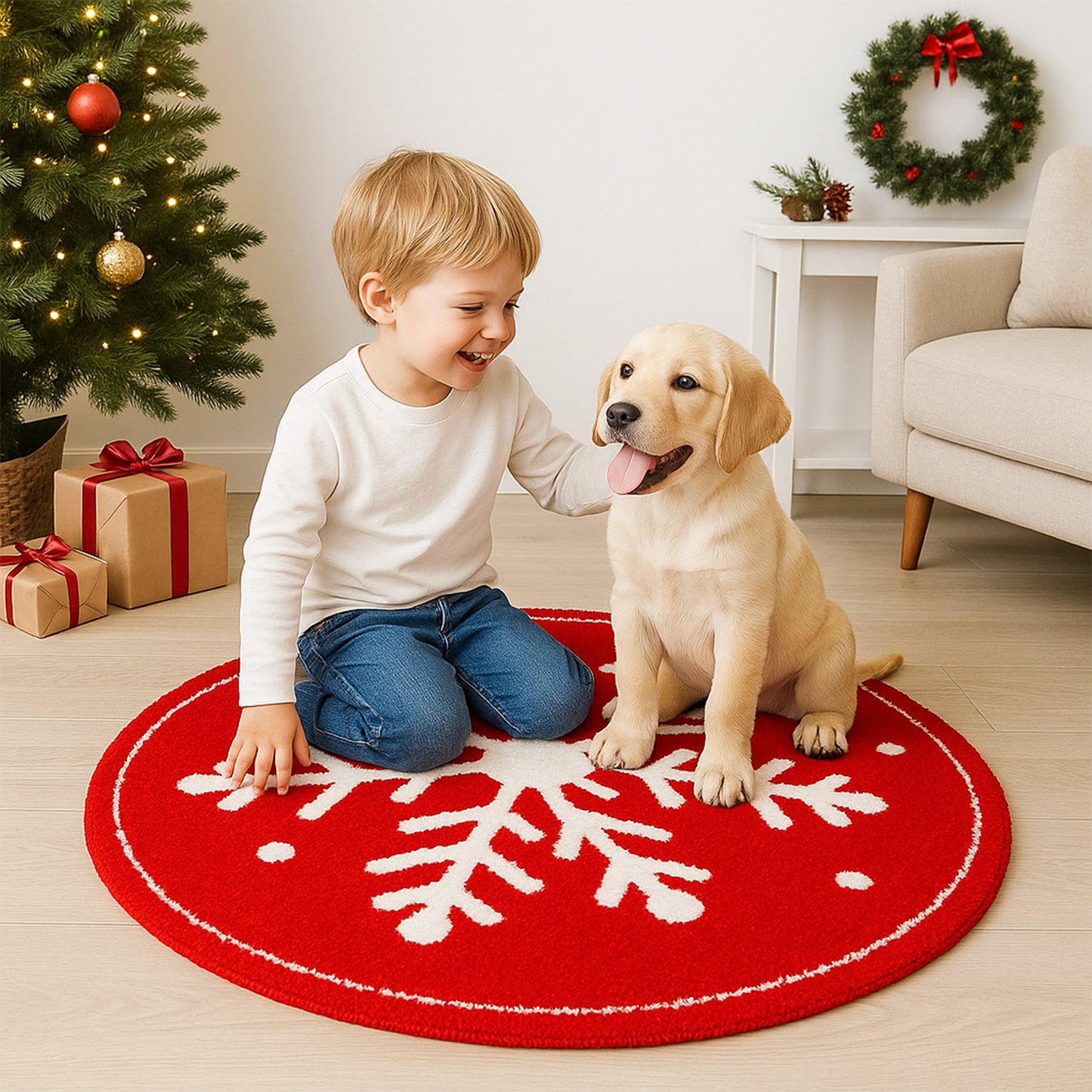 Feblilac Red background White Snowflakes Christmas style Tufted Bath Mat