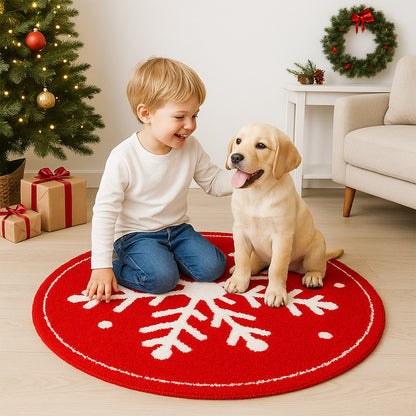 Feblilac Red background White Snowflakes Christmas style Tufted Bath Mat