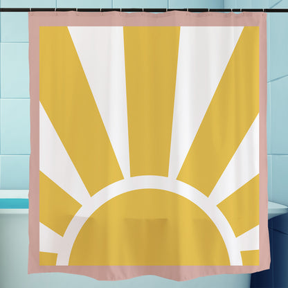 Feblilac Gold Sunrise Shower Curtain with Hooks, Yellow Sunshine Curtain for Bathroom