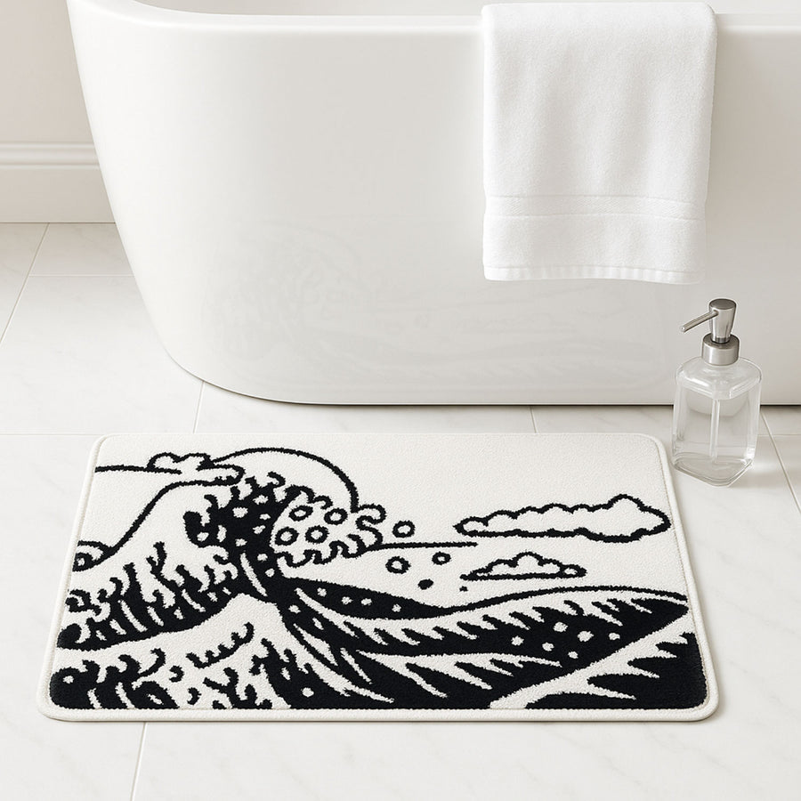 Feblilac Black and White Great Wave Bathroom Rug, Japanese Style Bathmat - view 2