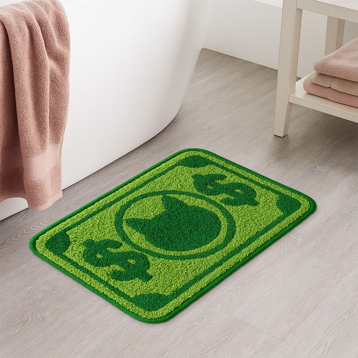 Feblilac Green Cat and Dollar tufted bath mat in a minimal bathroom with marble tile