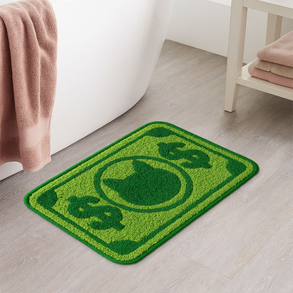 Feblilac Green Cat and Dollar tufted bath mat in a minimal bathroom with marble tile