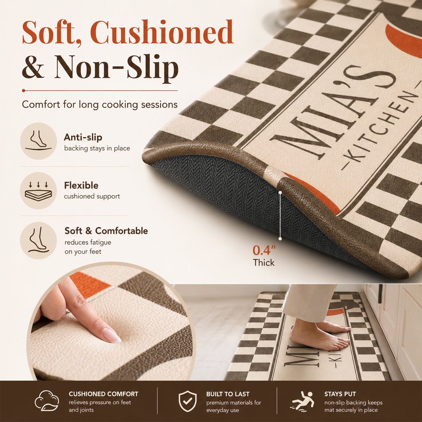 Feblilac Custom PVC Kitchen Mat – Personalized Waterproof 6mm Anti-Fatigue Mat