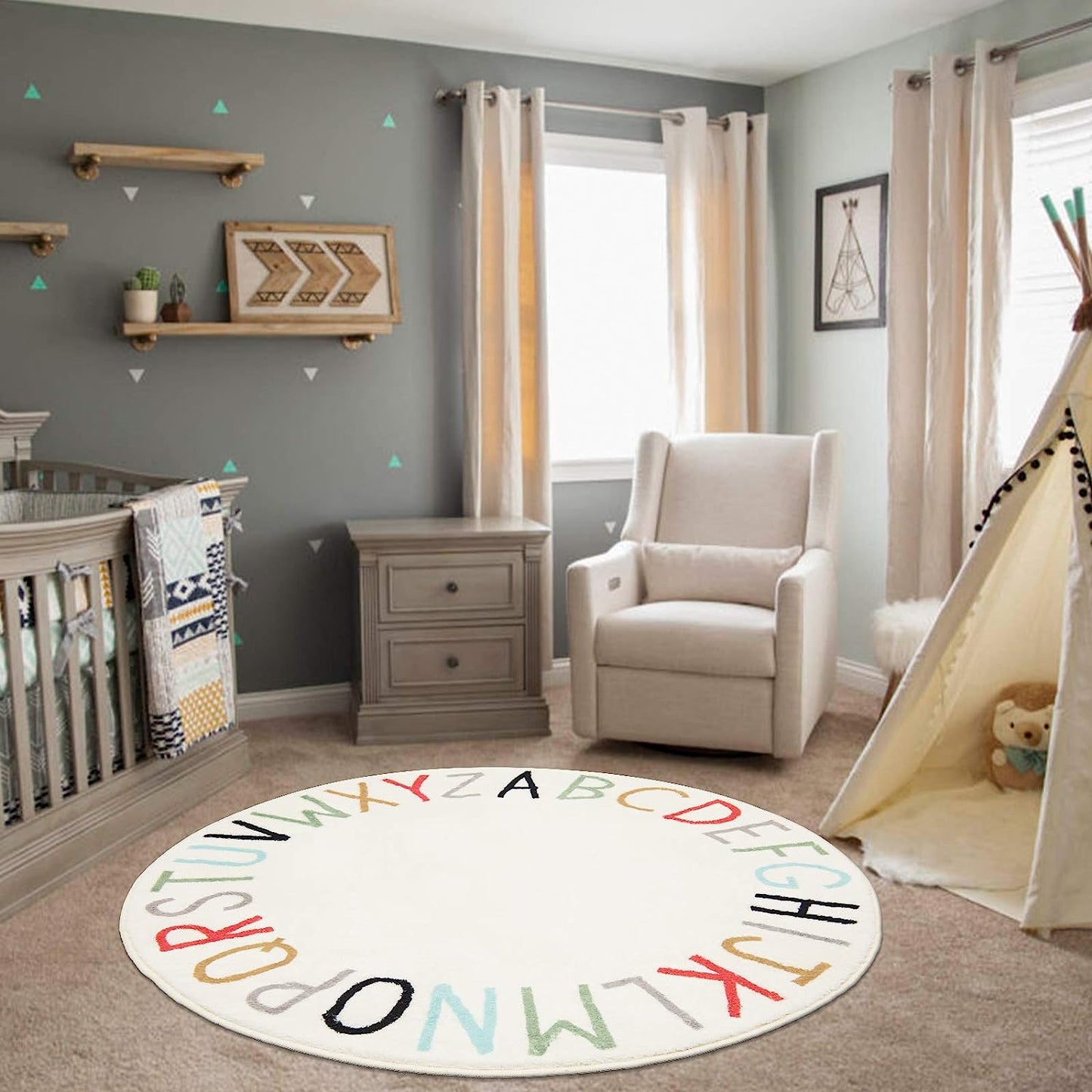 Colorful Round Kids Play Rug, Alphabet Nursery Area Rug, Extra Large Mat