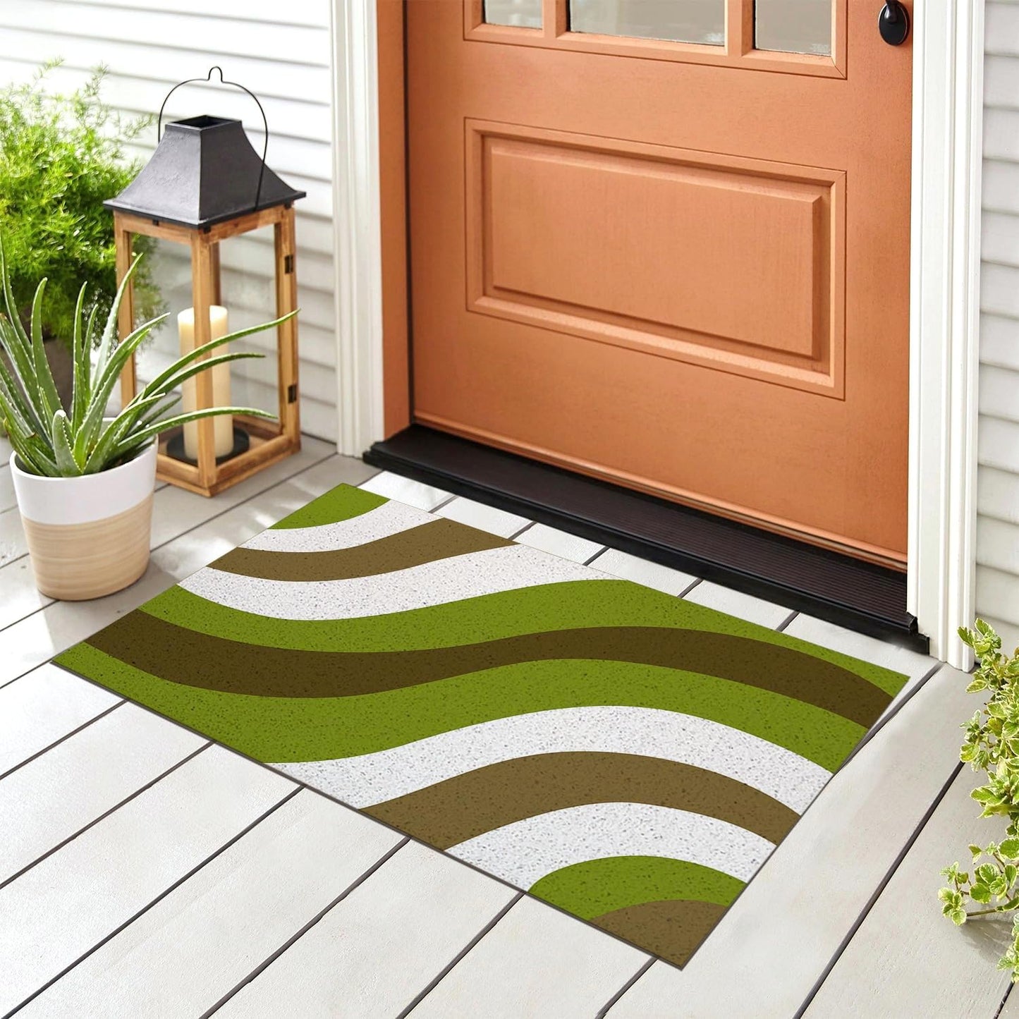 Feblilac Green, White and Brown Curves PVC Coil Door Mat