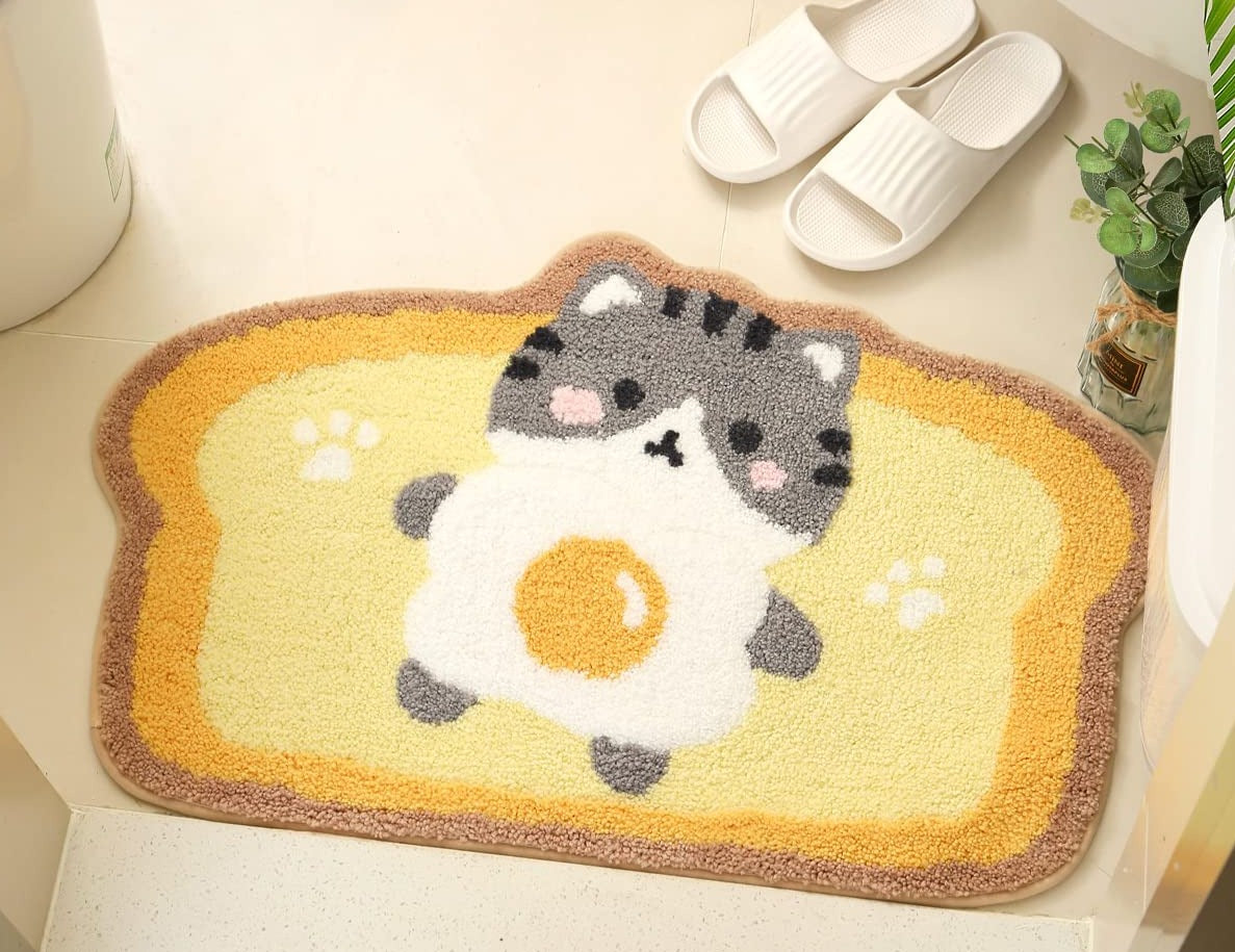 Cute Cat Toast Bathroom Rug, Non-Slip and Washable Bath Mat