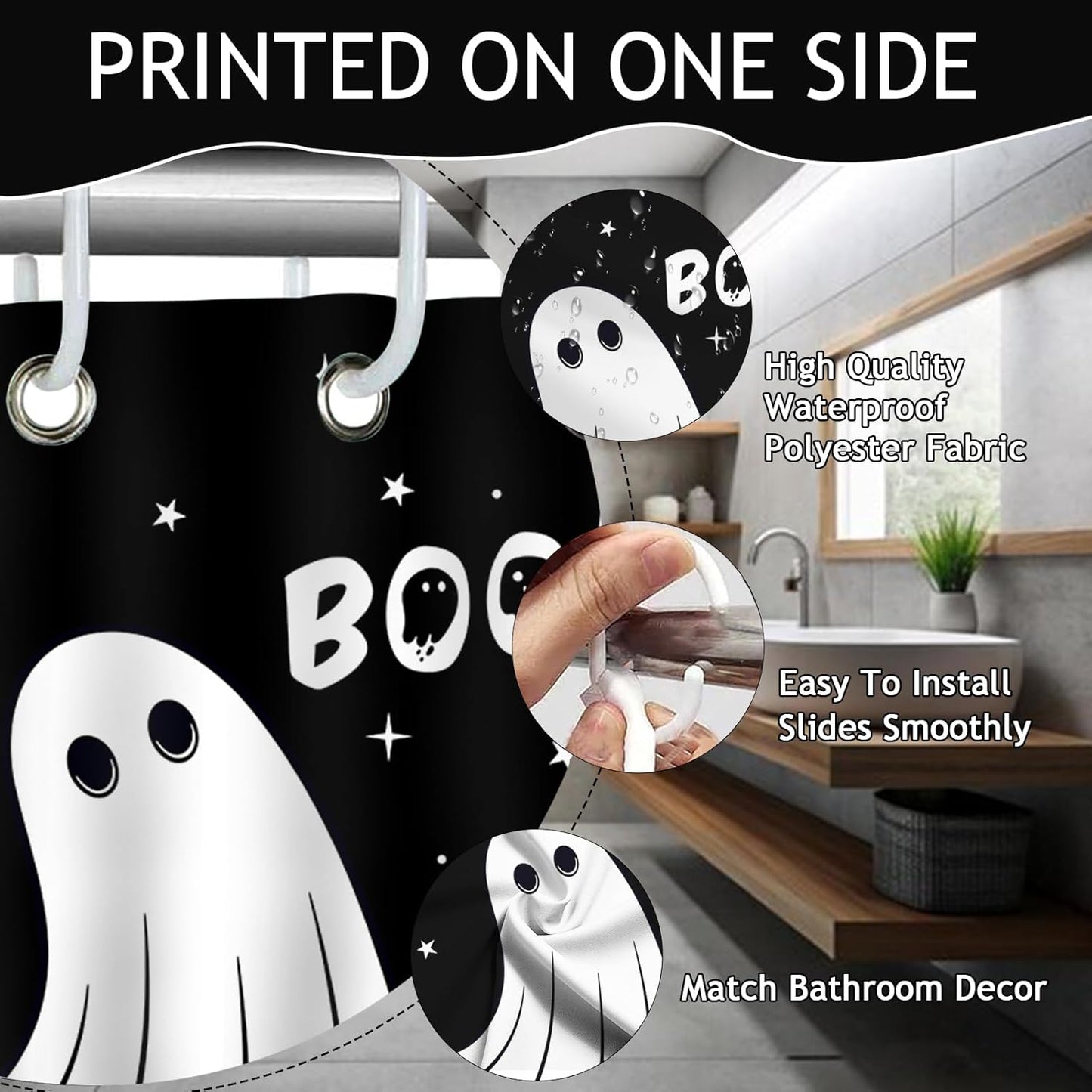 Feblilac Halloween Ghost Cute Black White Boo Shower Curtain with Hooks