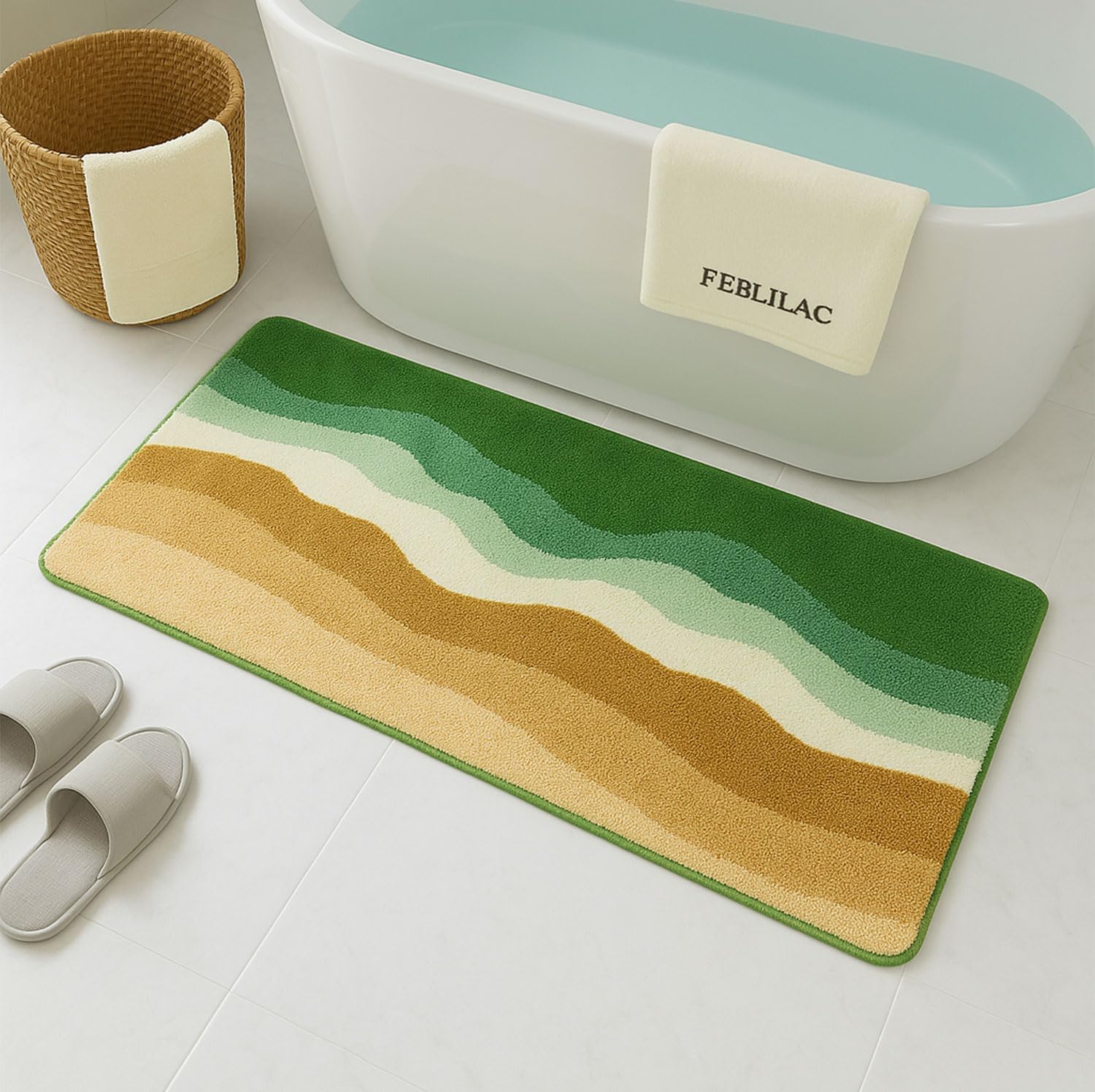 Feblilac Abstract Blue Wave Ocean Bath Mat Green Mountain Rug - view 18