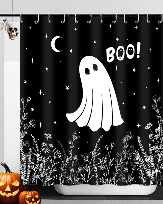 Feblilac Halloween Ghost Cute Black White Boo Shower Curtain with Hooks