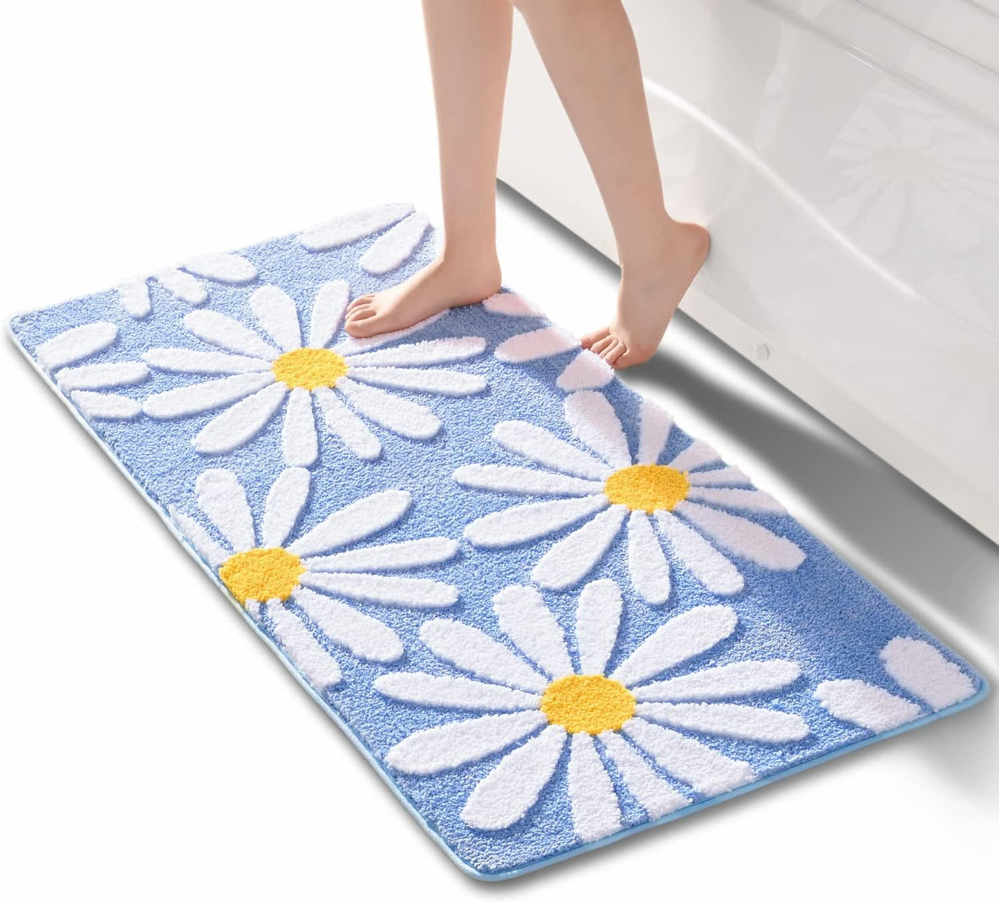 Pink Bathroom Rugs Cute Daisy Bath Mat White and Yellow Flower Decor Rug Non Slip Floor Carpet Microfiber Bathmat Super Absorbent Machine Washable Bahtub Mats for Shower, Tub, Bedroom 16"x 24"