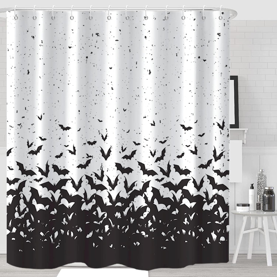 Feblilac Halloween Shower Curtain, Black Flying Bat Horror Scary Shower Curtain with Hooks - view 3