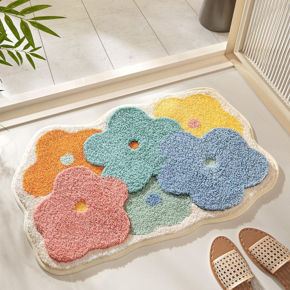 Feblilac Colorful Flowers Bath Rug Soft Non-Slip Bathroom Mat Water Absorbent Bathroom Rug Machine Washable Shower Floor Mats