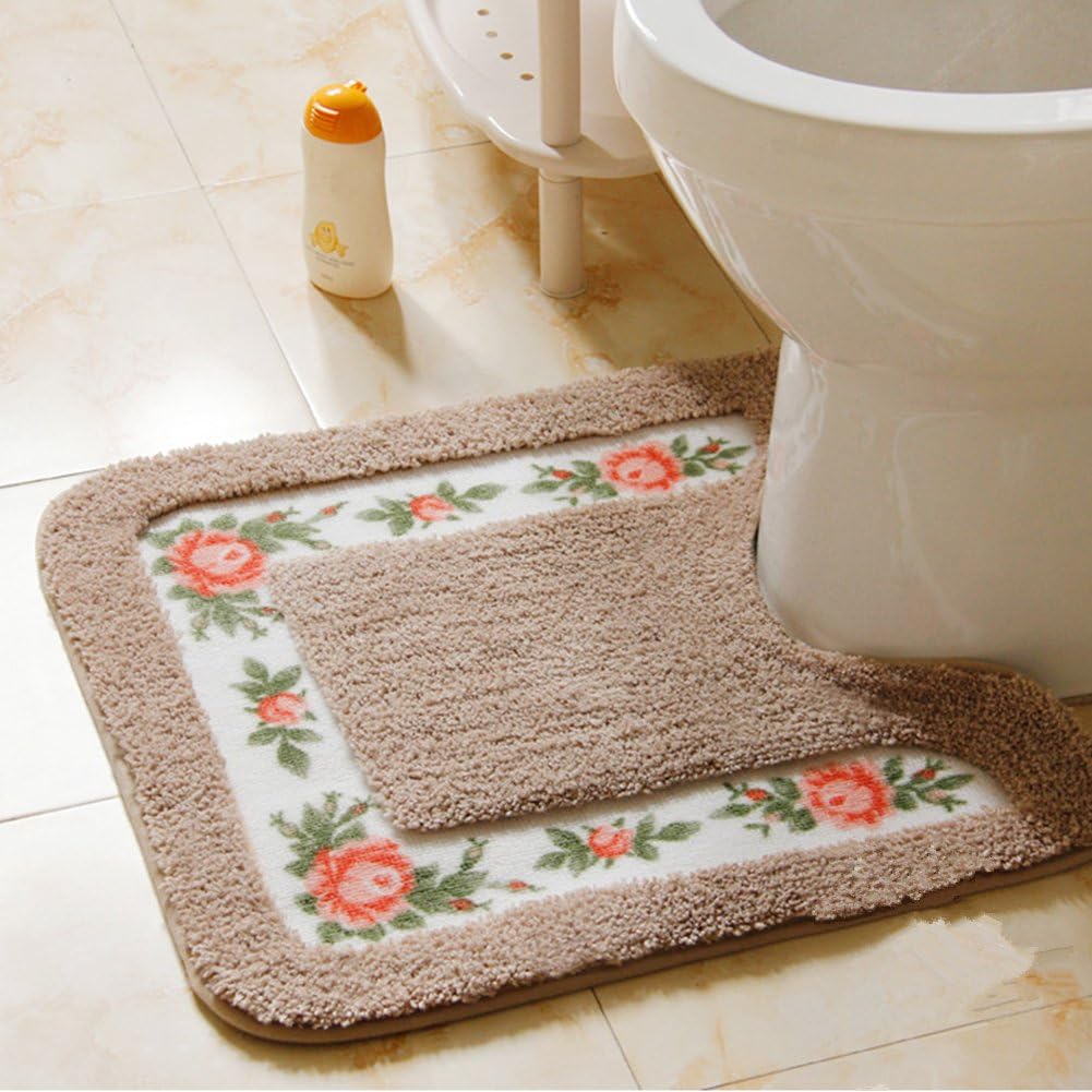 Feblilac Khaki Tufted Bathroom Mat Toilet U-Shaped Floor Mat