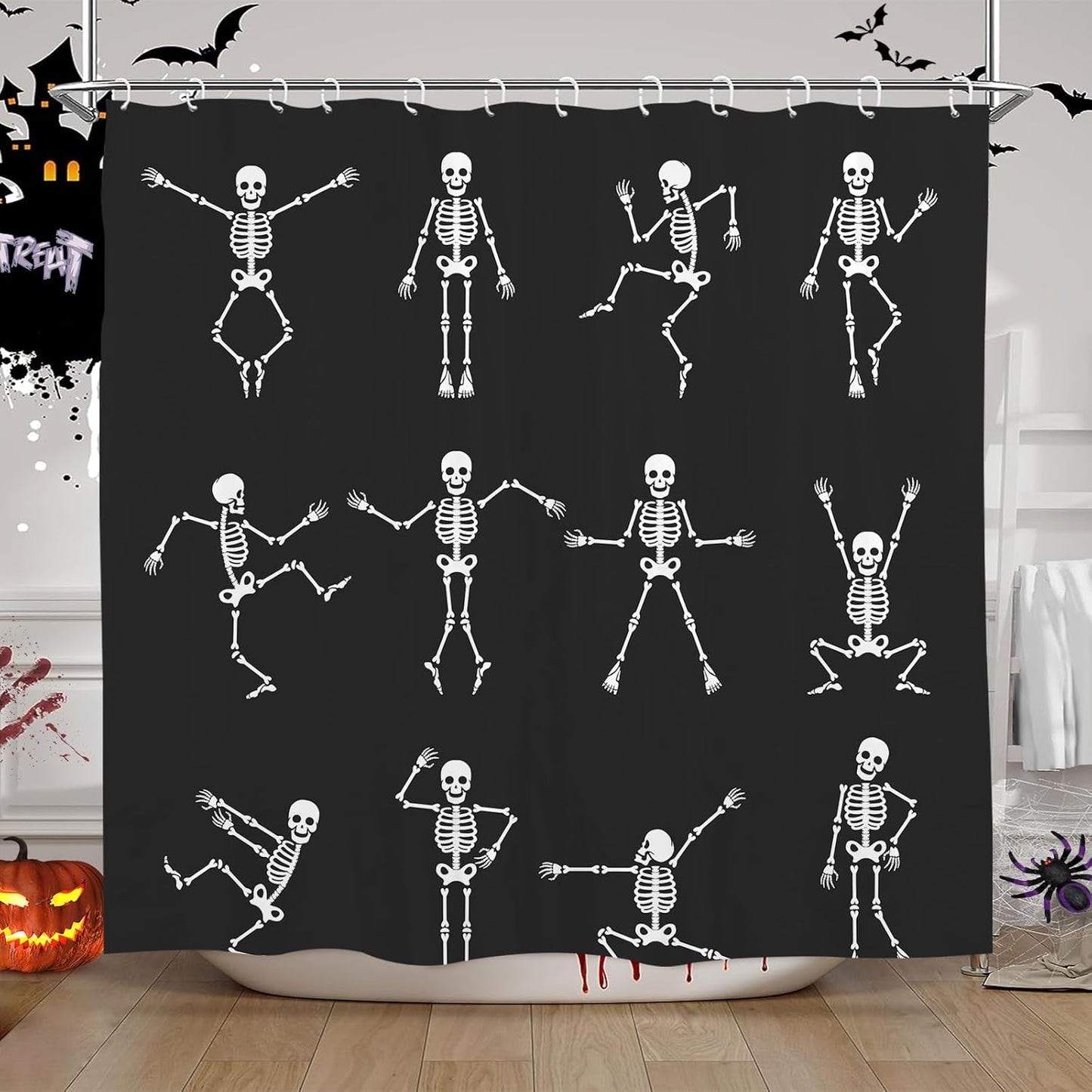 Feblilac Skull Funny Dance Halloween Dancing Cartoon Fun Joints Party Vintage Shower Curtain with Hooks