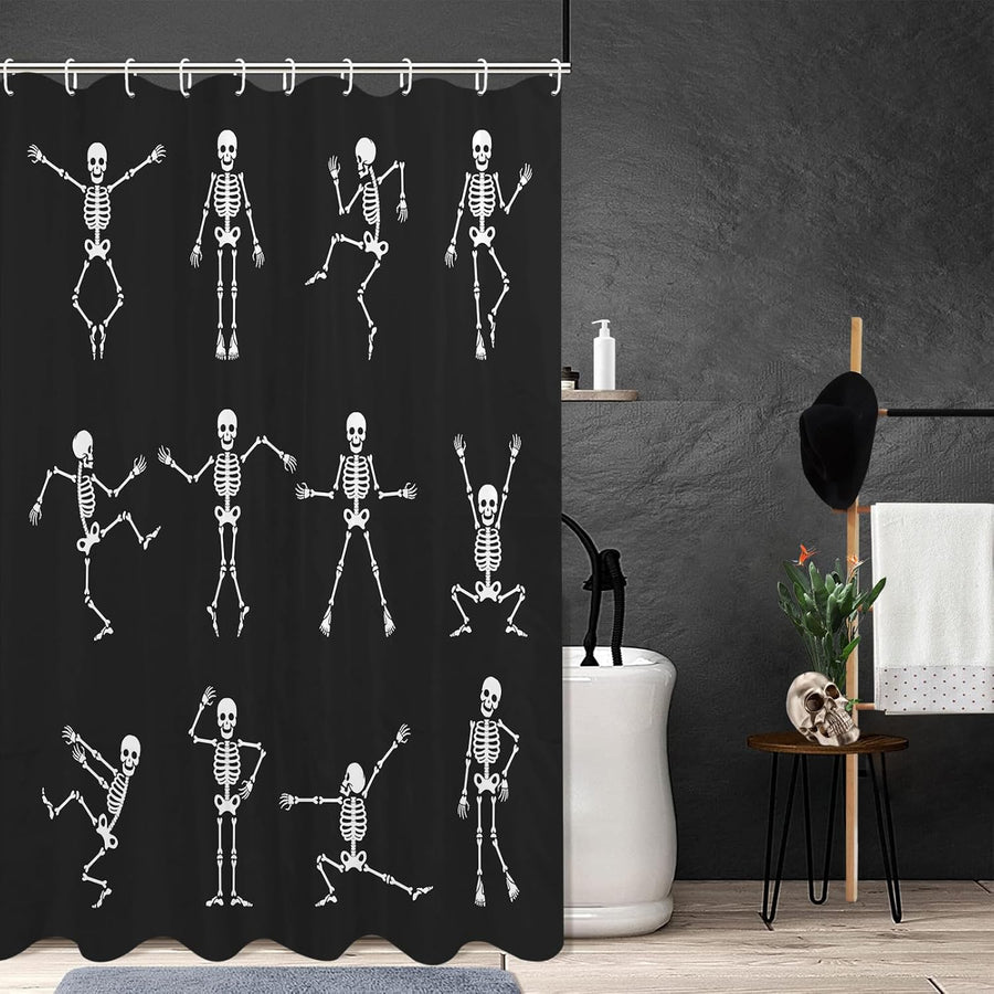 Feblilac Skull Funny Dance Halloween Dancing Cartoon Fun Joints Party Vintage Shower Curtain with Hooks - view 2